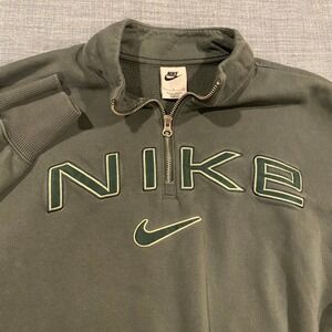 Nike Quarter Zip Sweatshirt Olive Green Embroidered Spellout Logo Fleece Small